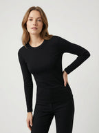 Maglia a Manica Lunga Donna Nera in Cotone Elasticizzato Slim Fit