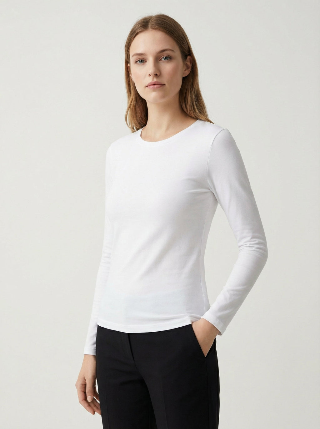 Maglia Donna a Manica Lunga Slim Fit in Cotone Elasticizzato Bianco