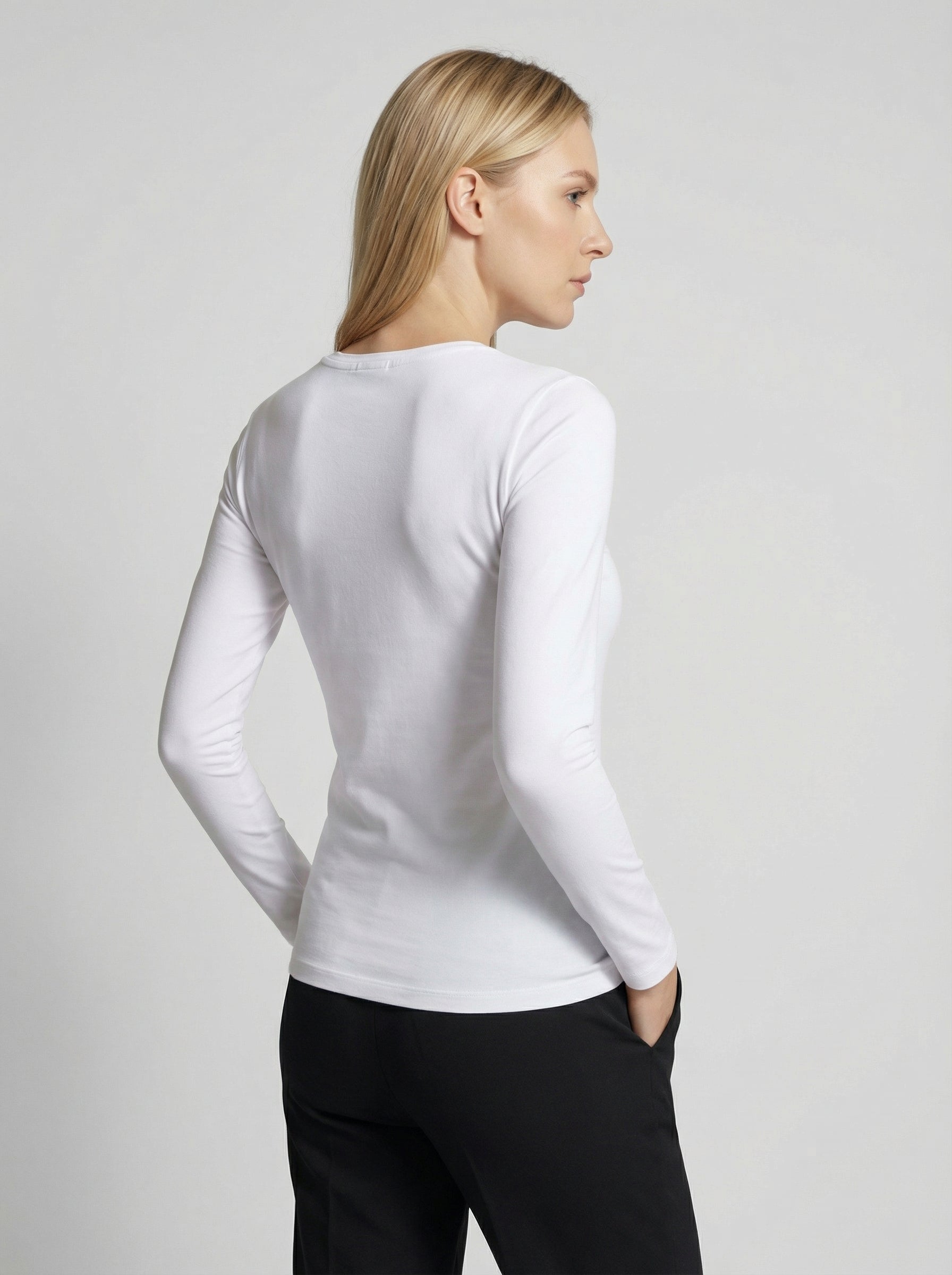 Maglia Donna a Manica Lunga Slim Fit in Cotone Elasticizzato Bianco