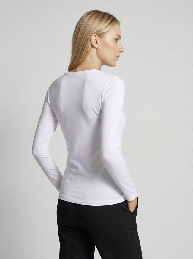 Maglia Donna a Manica Lunga Slim Fit in Cotone Elasticizzato Bianco Main Image