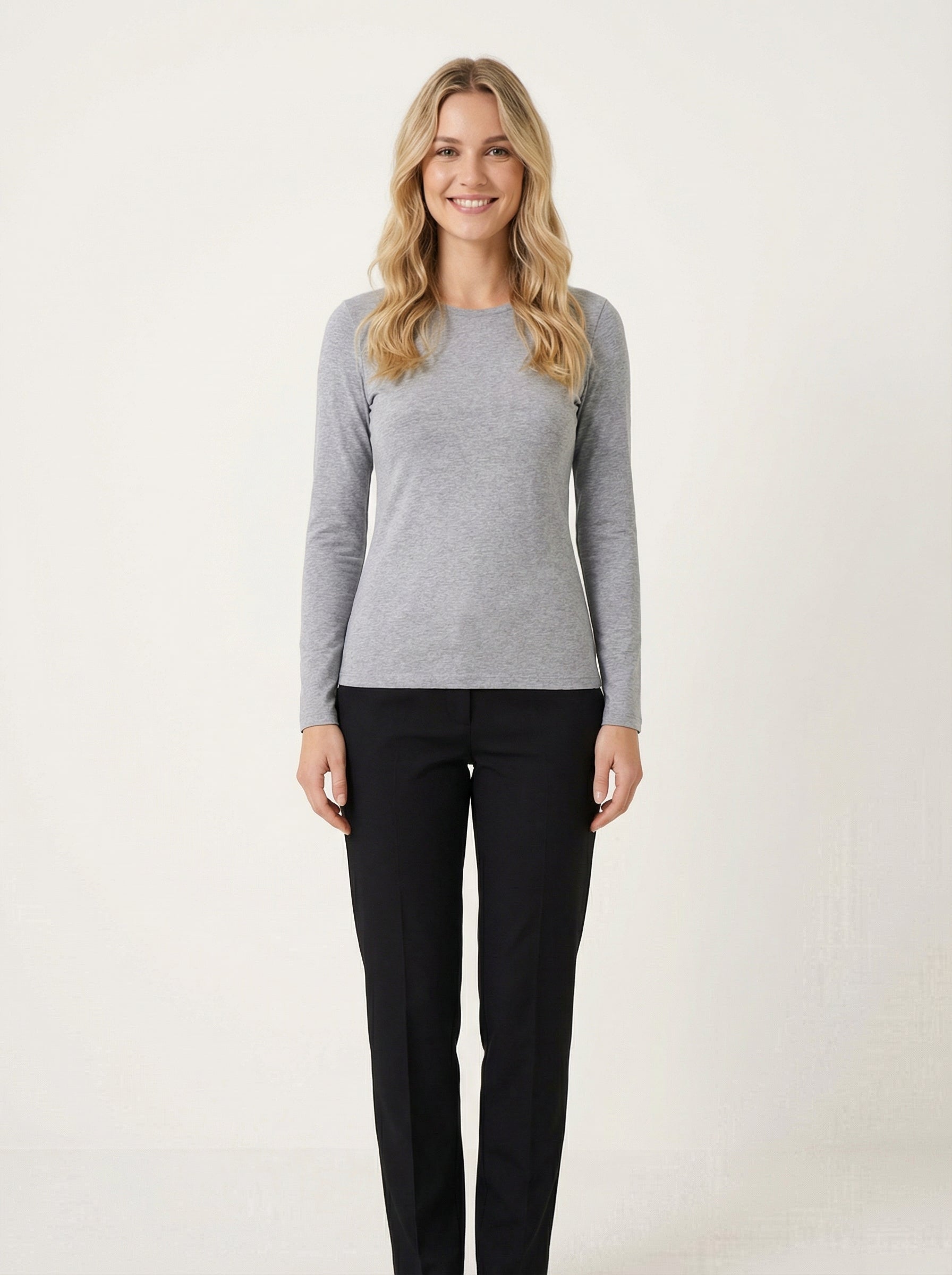 Maglia Donna Manica Lunga in Cotone Elasticizzato Slim Fit Grigio