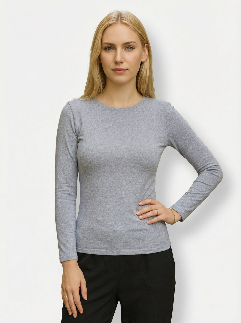 Maglia Donna Manica Lunga in Cotone Elasticizzato Slim Fit Grigio