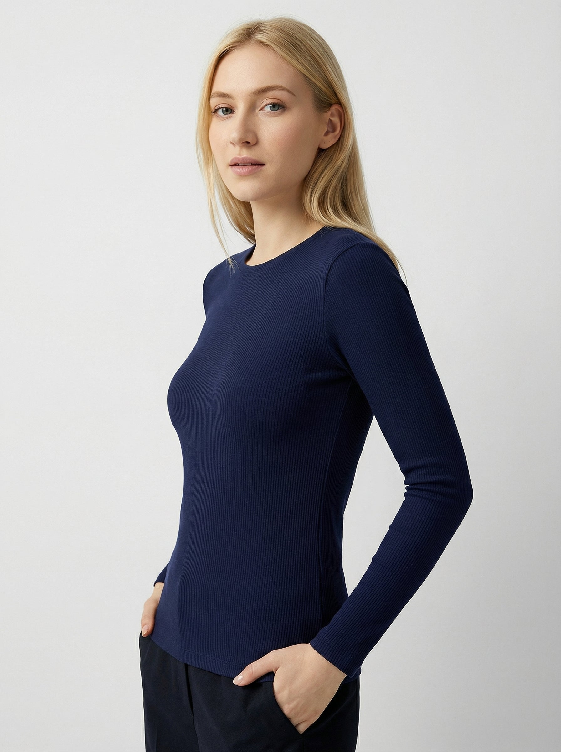 Maglia donna a maniche lunghe in cotone elasticizzato - Blu Scuro