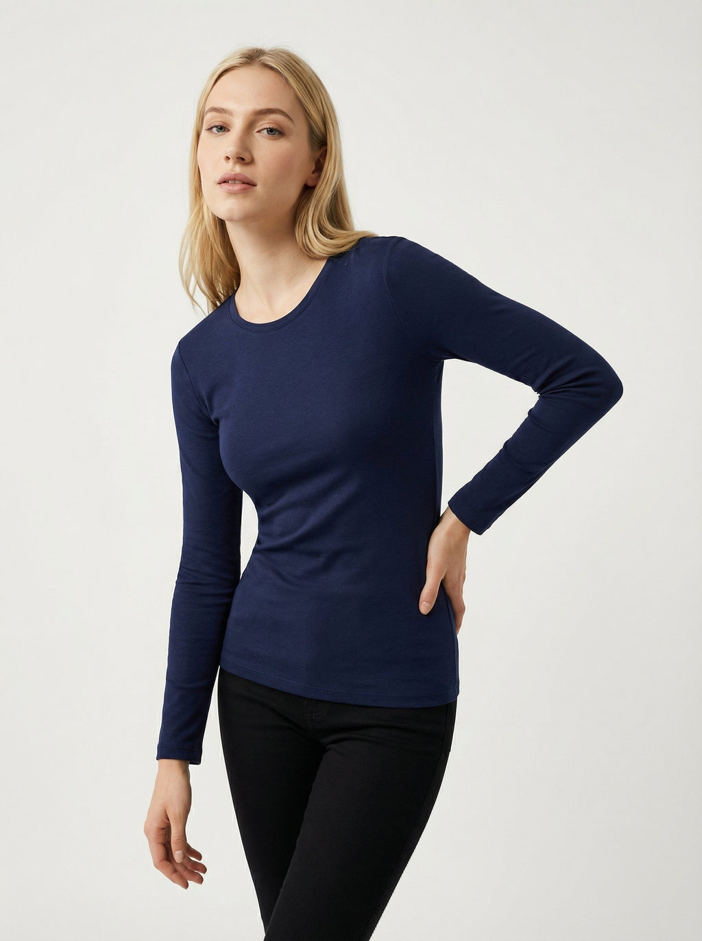 Maglia donna a maniche lunghe in cotone elasticizzato - Blu Scuro