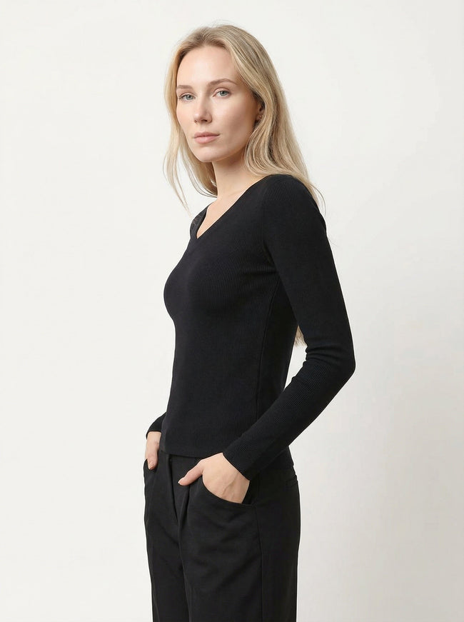 Maglia Nera Donna Slim Fit a Costine con Scollo a V Main Image