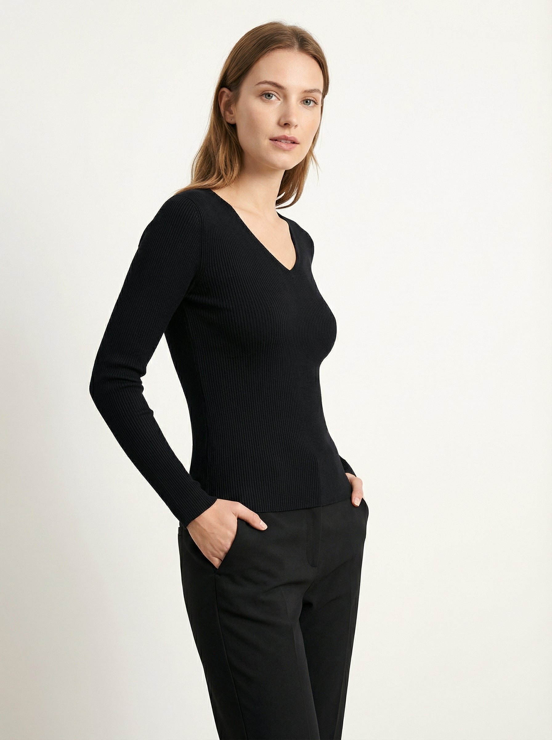 Maglia a Maniche Lunghe a Costine Scollo a V Gialla Slim Fit