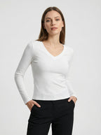 Maglia Donna a Maniche Lunghe Bianca con Scollo a V Slim Fit