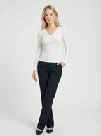 Maglia Donna a Maniche Lunghe Bianca con Scollo a V Slim Fit