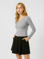 Maglia a coste Grigia slim fit con scollo a V e maniche lunghe