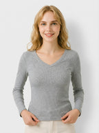 Maglia a coste Grigia slim fit con scollo a V e maniche lunghe
