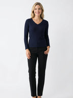 Maglia a Maniche Lunghe Donna Blu Scuro con Scollo a V - Slim Fit