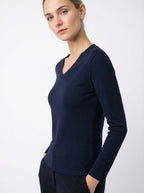 Maglia a Maniche Lunghe Donna Blu Scuro con Scollo a V - Slim Fit