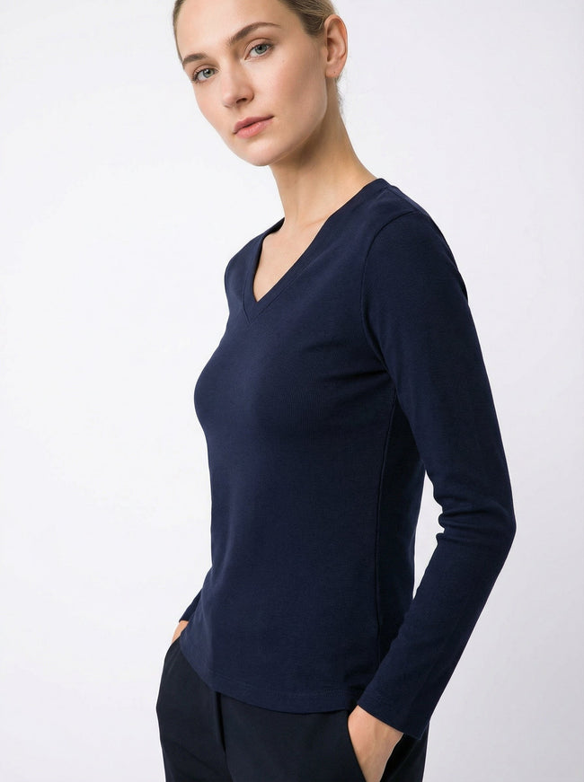 Maglia a Maniche Lunghe Donna Blu Scuro con Scollo a V - Slim Fit Main Image