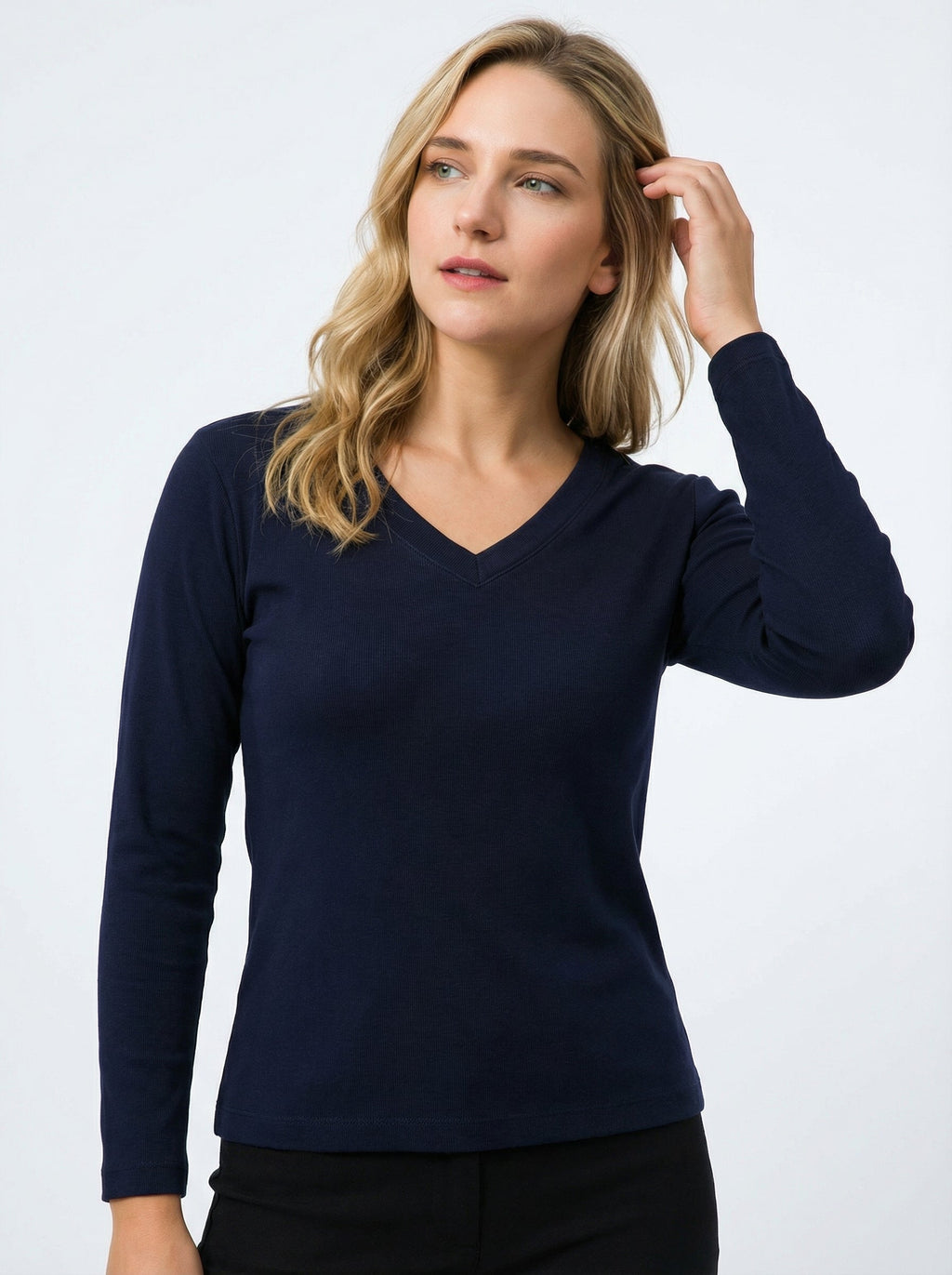 Maglia a Maniche Lunghe Donna Blu Scuro con Scollo a V - Slim Fit