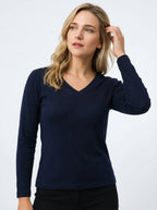 Maglia a Maniche Lunghe Donna Blu Scuro con Scollo a V - Slim Fit