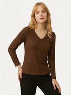 Maglia a maniche lunghe con scollo a V Marrone in cotone elasticizzato