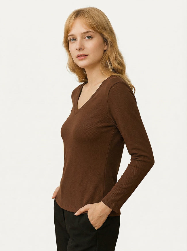 Maglia a maniche lunghe con scollo a V Marrone in cotone elasticizzato Main Image