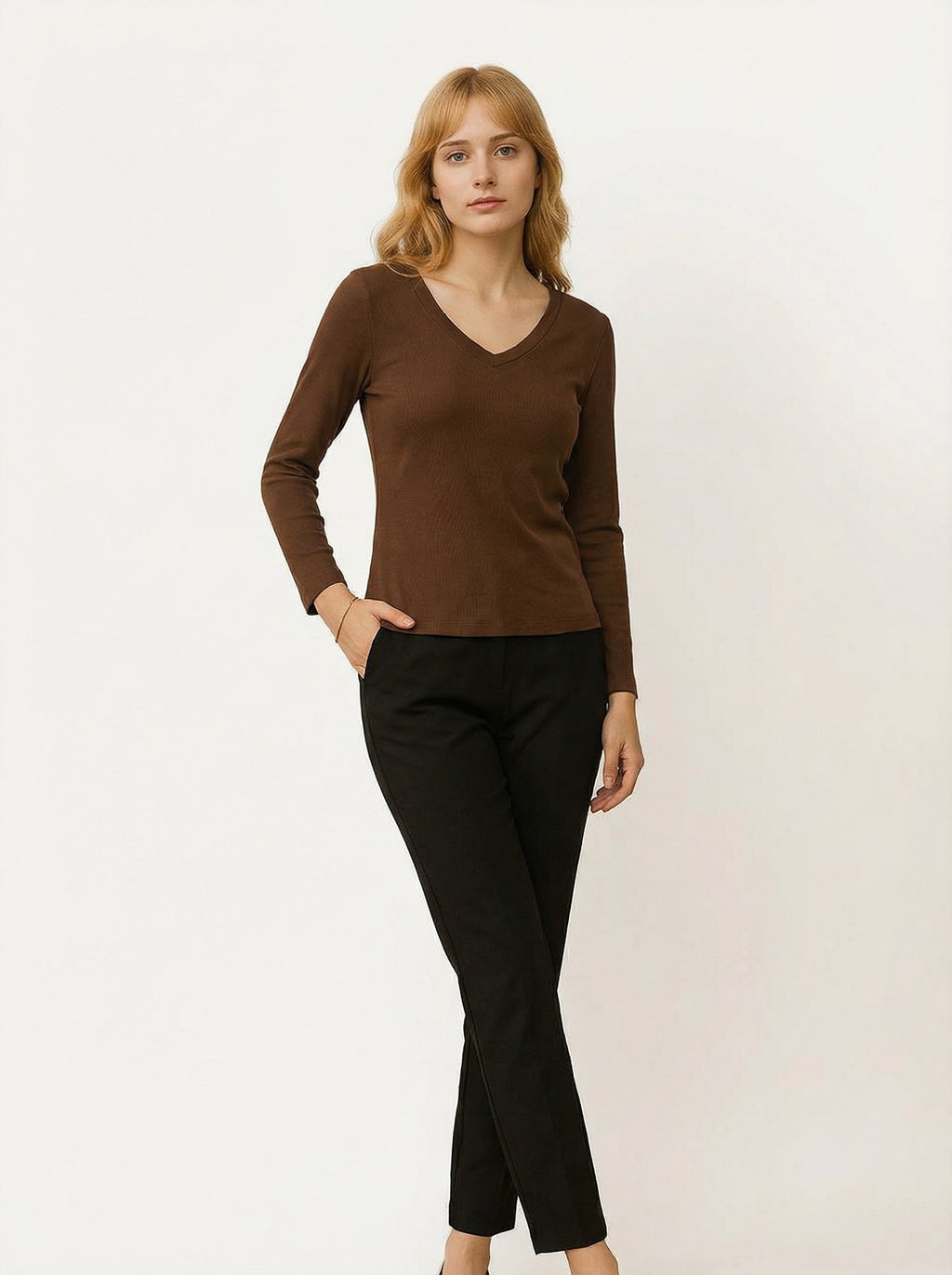 Maglia a maniche lunghe con scollo a V Marrone in cotone elasticizzato