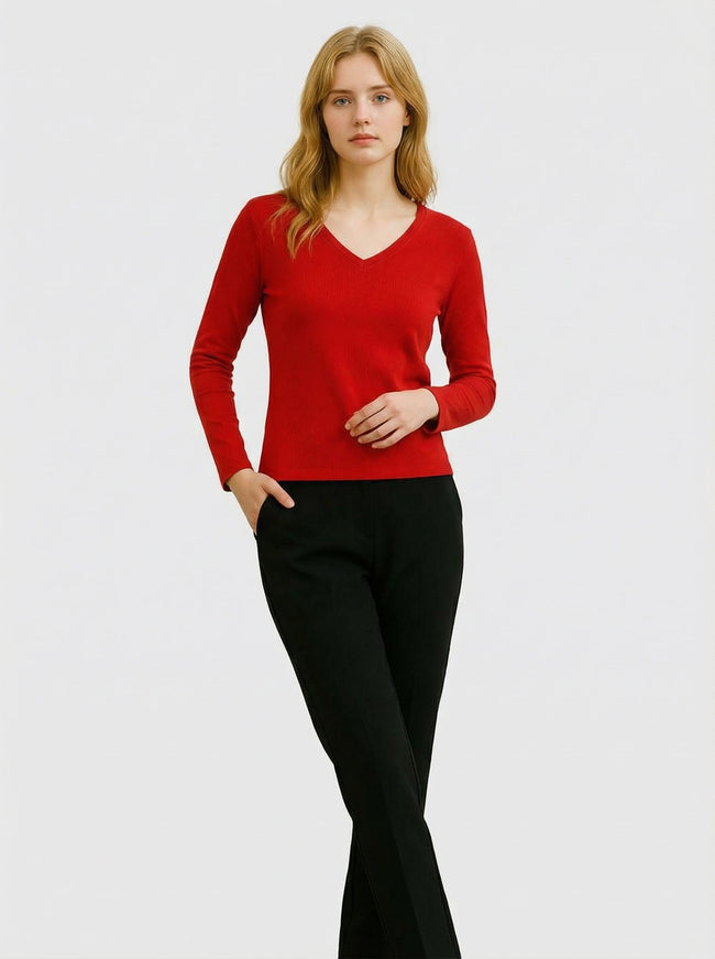 Maglia Donna Rossa Slim Fit con Scollo a V e Maniche Lunghe Hover Image