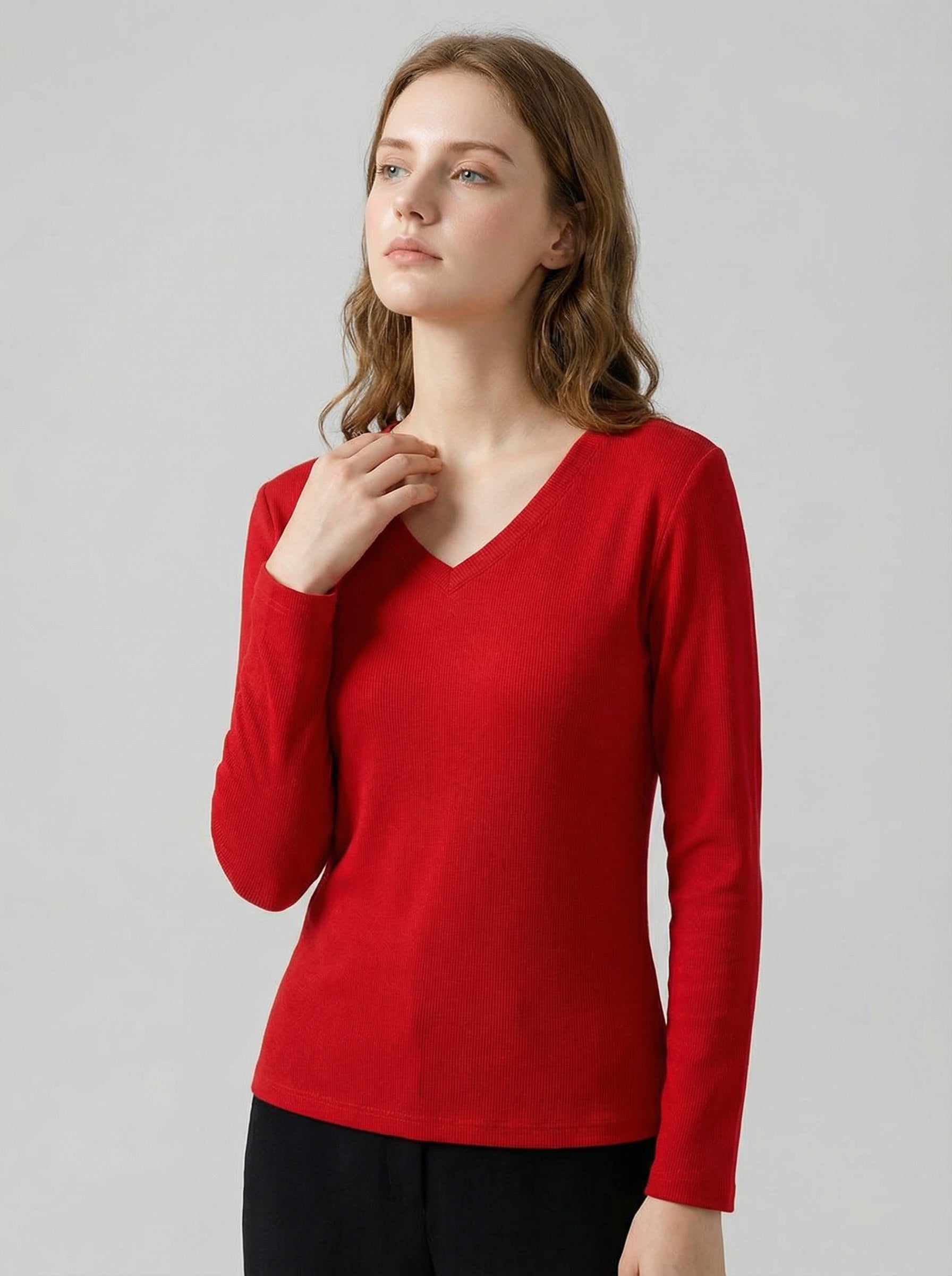 Maglia Donna Rossa Slim Fit con Scollo a V e Maniche Lunghe