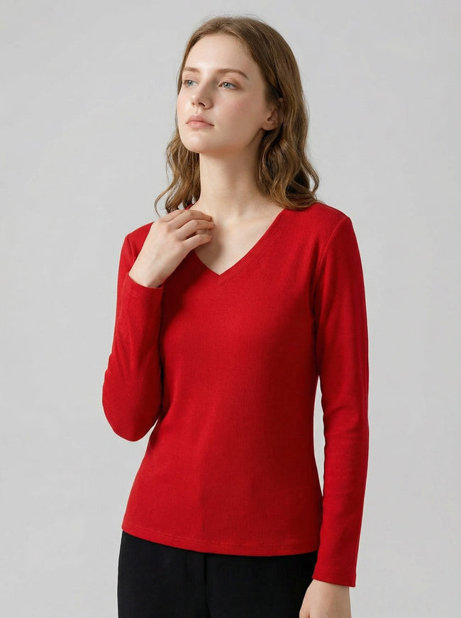 Maglia Donna Rossa Slim Fit con Scollo a V e Maniche Lunghe Main Image