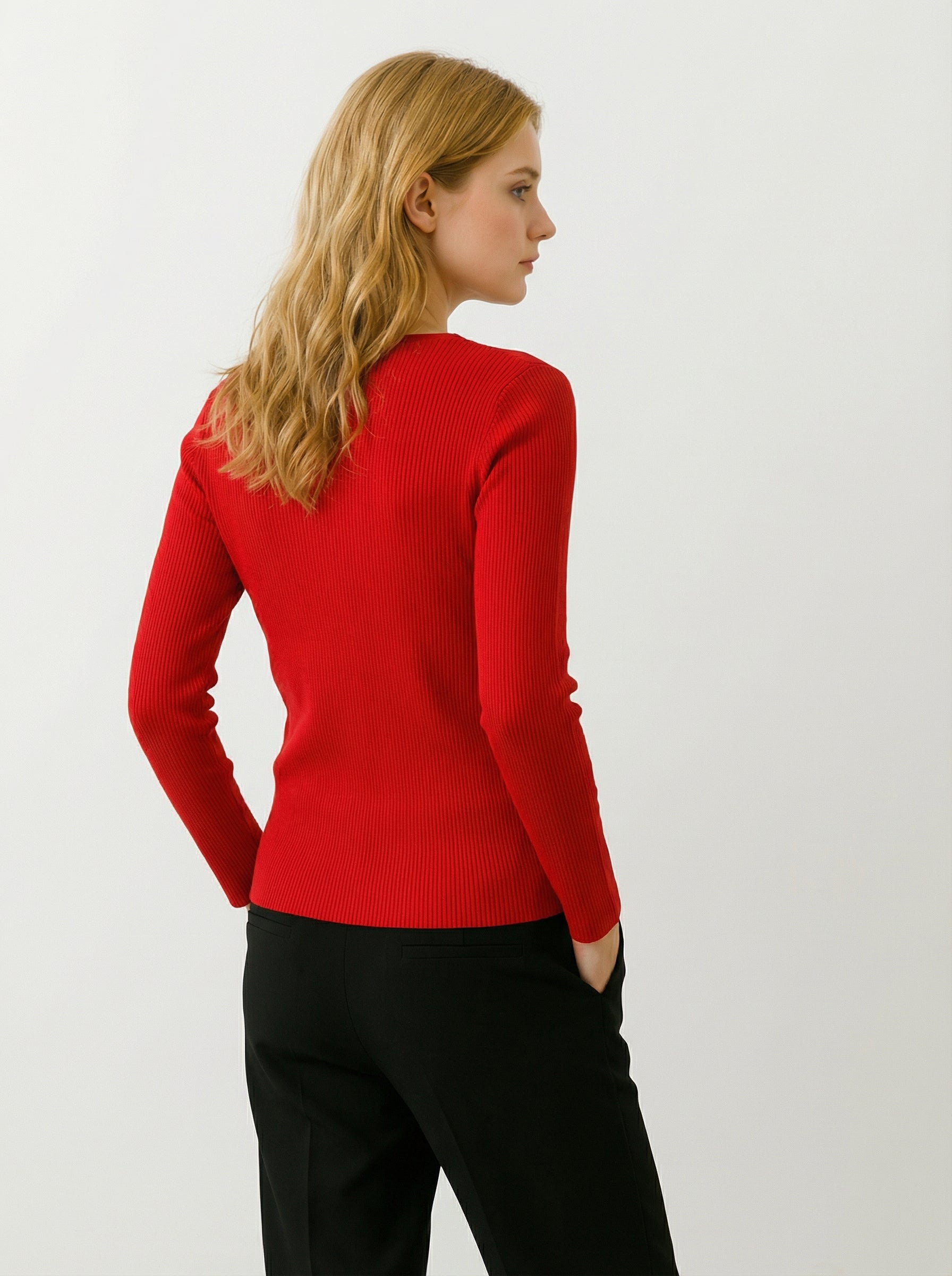 Maglia Donna Rossa Slim Fit con Scollo a V e Maniche Lunghe