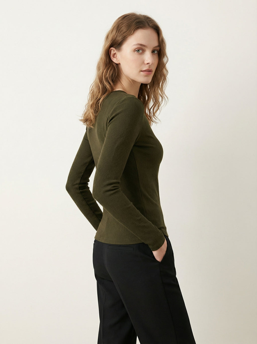 Maglia Slim Fit Donna Maniche Lunghe Scollo a V Verde Militare