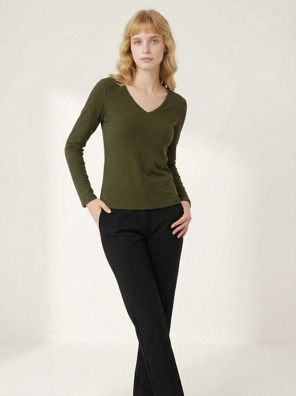 Maglia Slim Fit Donna Maniche Lunghe Scollo a V Verde Militare