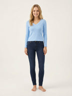 Maglia Top Donna Slim Fit Azzurro Scollo V Manica Lunga Costine