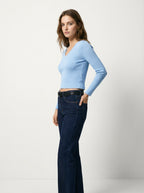 Maglia Top Donna Slim Fit Azzurro Scollo V Manica Lunga Costine