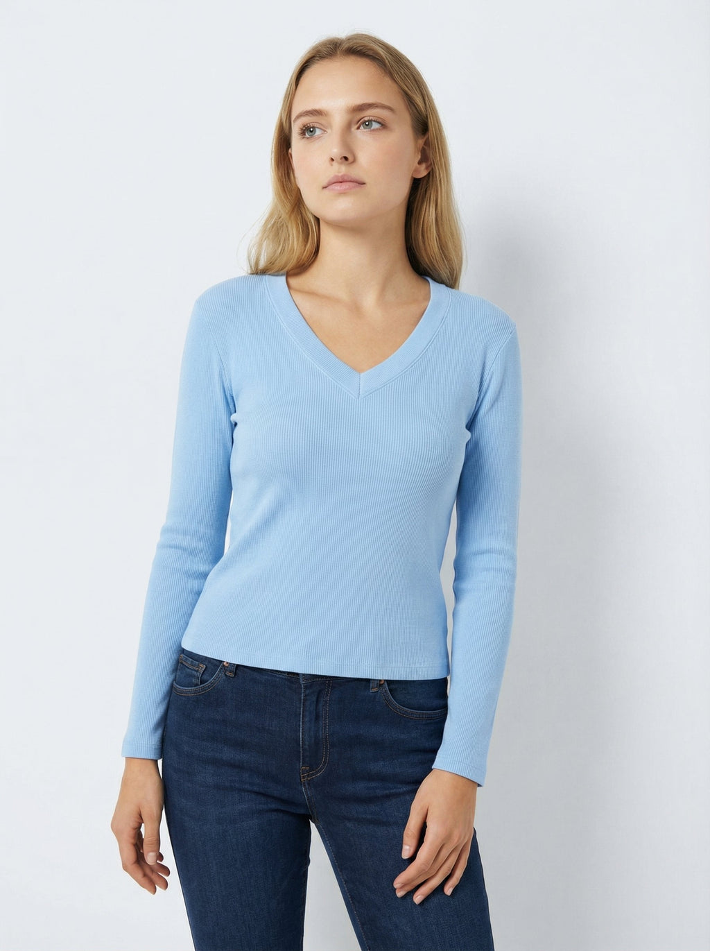 Maglia Top Donna Slim Fit Azzurro Scollo V Manica Lunga Costine