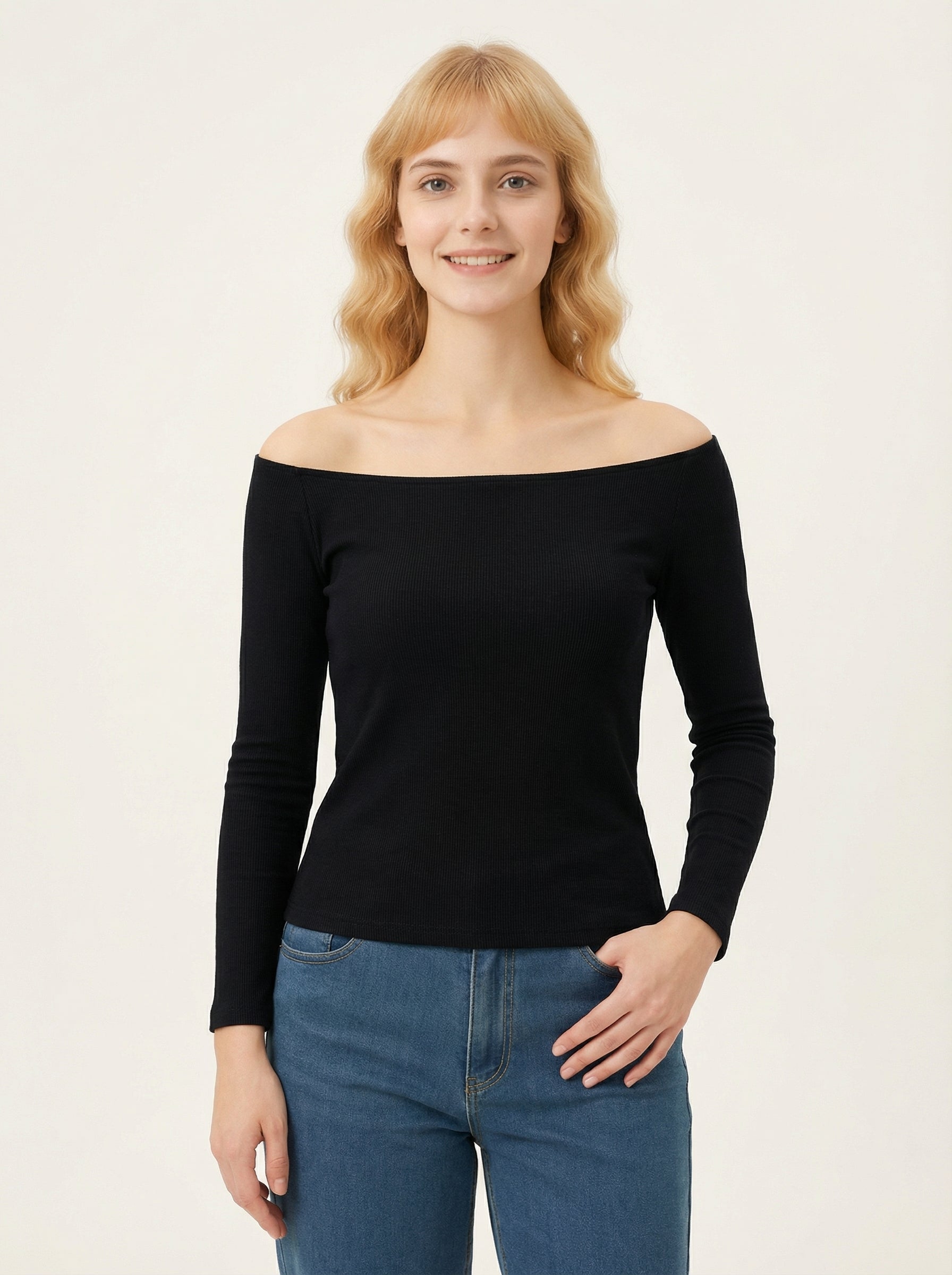 Maglia Donna Slim Fit Gialla Maniche Lunghe Scollo a Barca