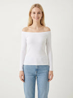 Maglia Donna Off-Shoulder Bianca Maniche Lunghe Slim Fit