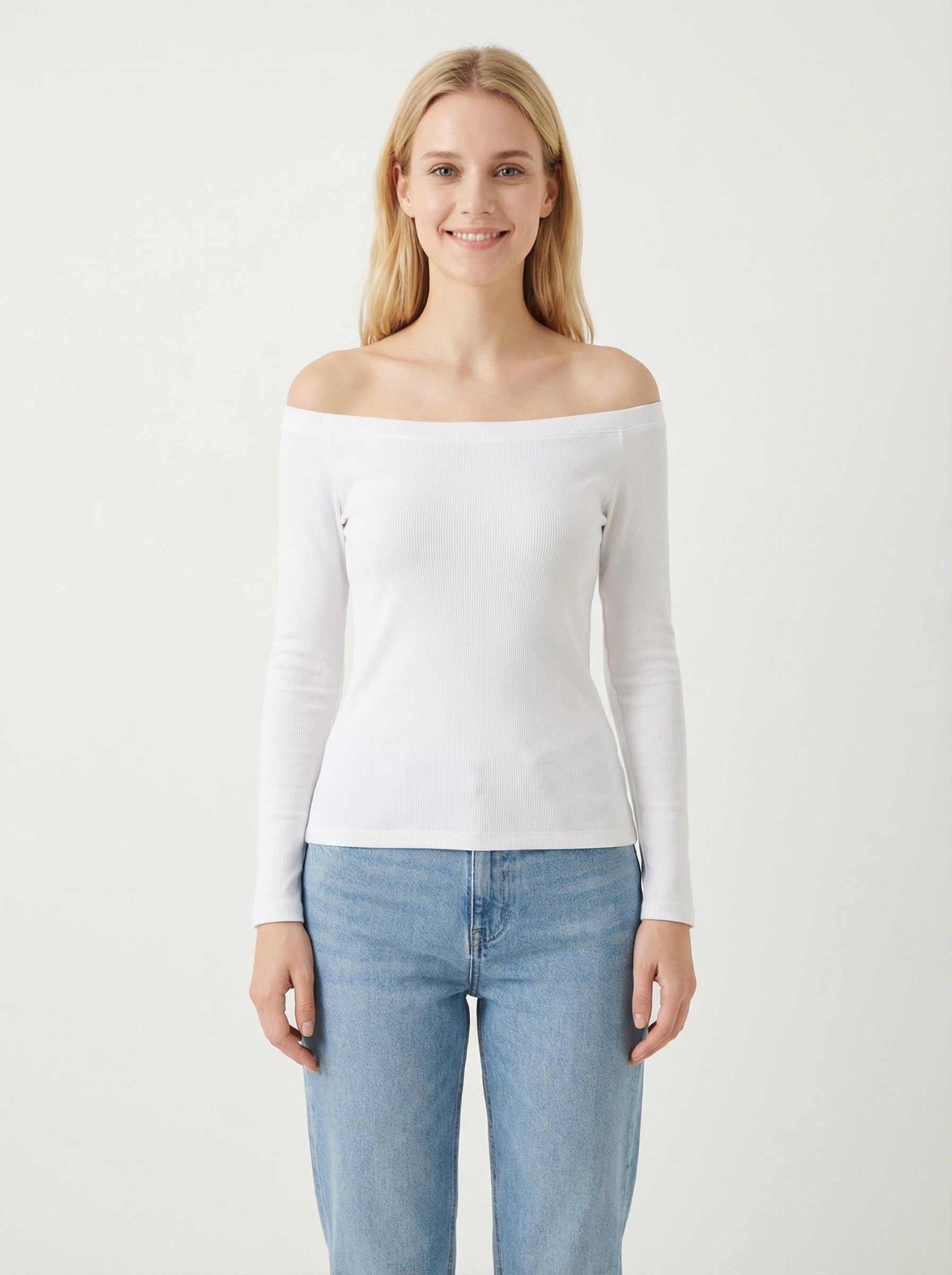 Maglia Donna Off-Shoulder Bianca Maniche Lunghe Slim Fit