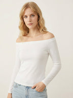 Maglia Donna Off-Shoulder Bianca Maniche Lunghe Slim Fit