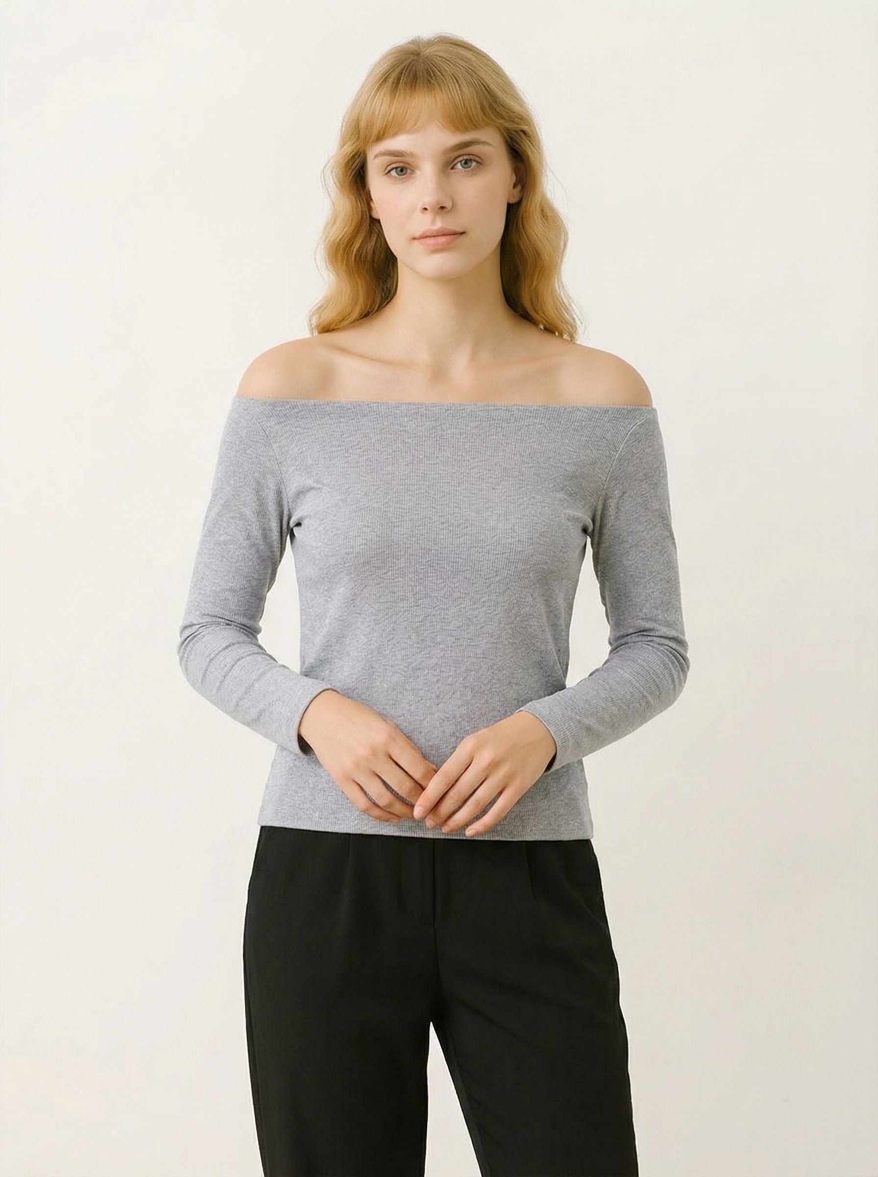 Maglia Top Aderente a Spalle Scoperte Grigio Manica Lunga a Costine