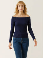 Maglia Donna a Costine con Scollo Off-Shoulder e Maniche Lunghe