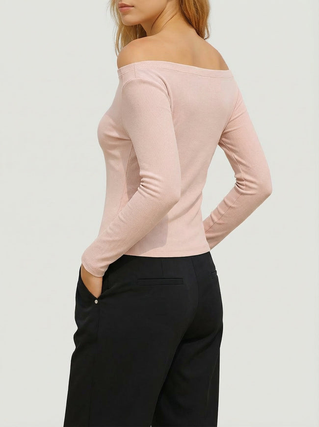 Maglia Donna Off-Shoulder Slim Fit Manica Lunga in Cotone Viscosa Hover Image