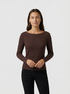 Maglia a Manica Lunga Marrone con Scollo a Barca in Cotone Elasticizzato