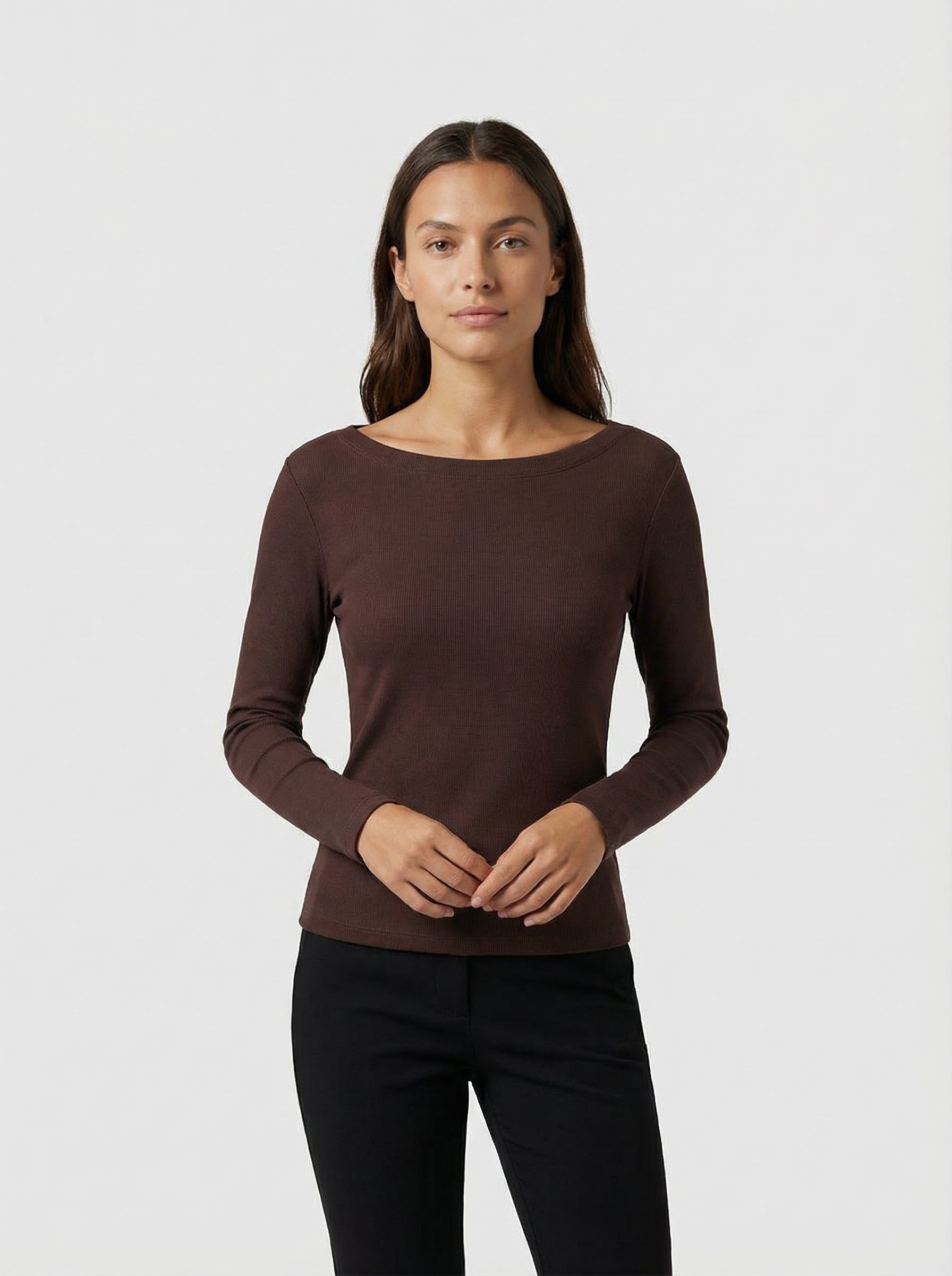 Maglia a Manica Lunga Marrone con Scollo a Barca in Cotone Elasticizzato