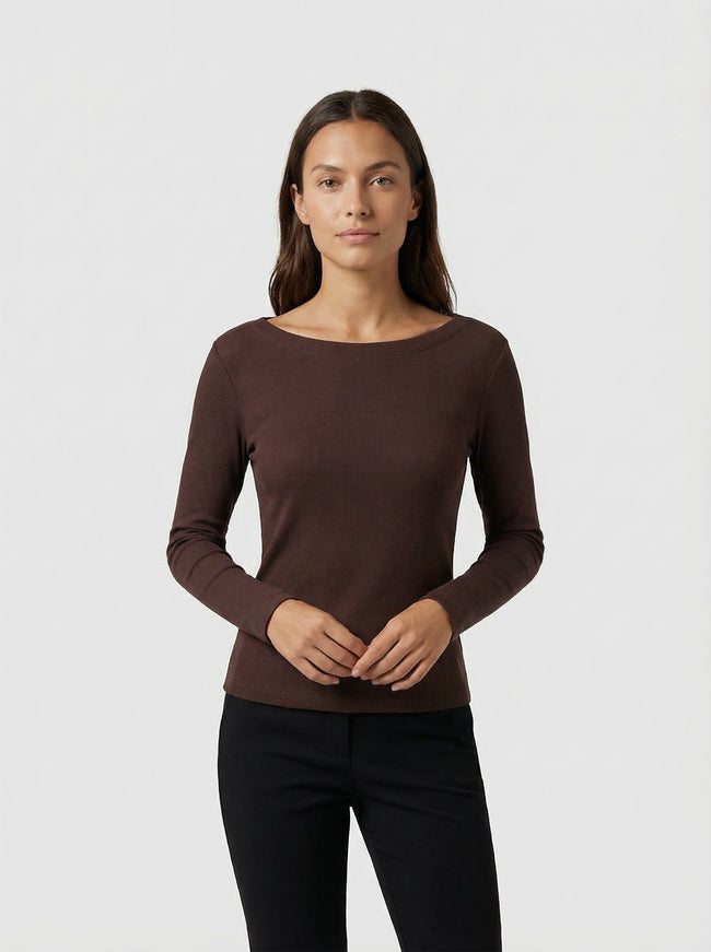 Maglia a Manica Lunga Marrone con Scollo a Barca in Cotone Elasticizzato Main Image
