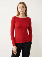 Maglia Donna Slim Fit a Manica Lunga con Scollo a Barca Rossa