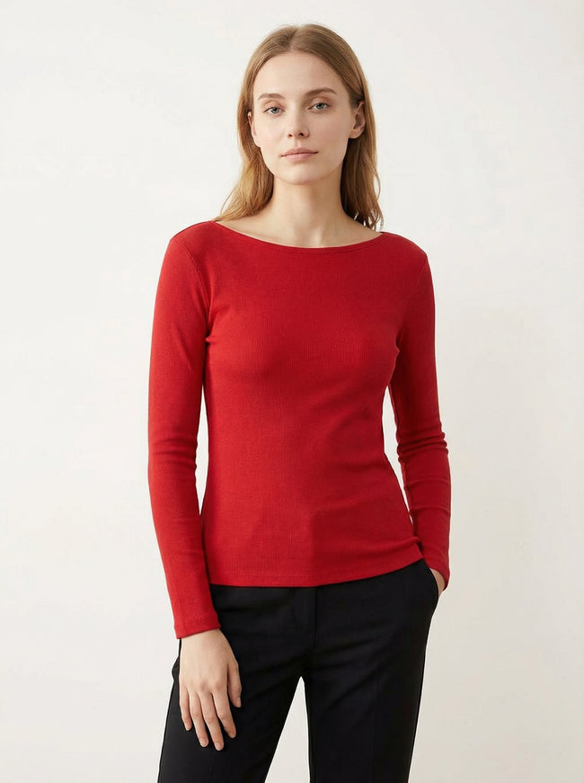 Maglia Donna Slim Fit a Manica Lunga con Scollo a Barca Rossa Main Image