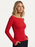 Maglia Donna Slim Fit a Manica Lunga con Scollo a Barca Rossa