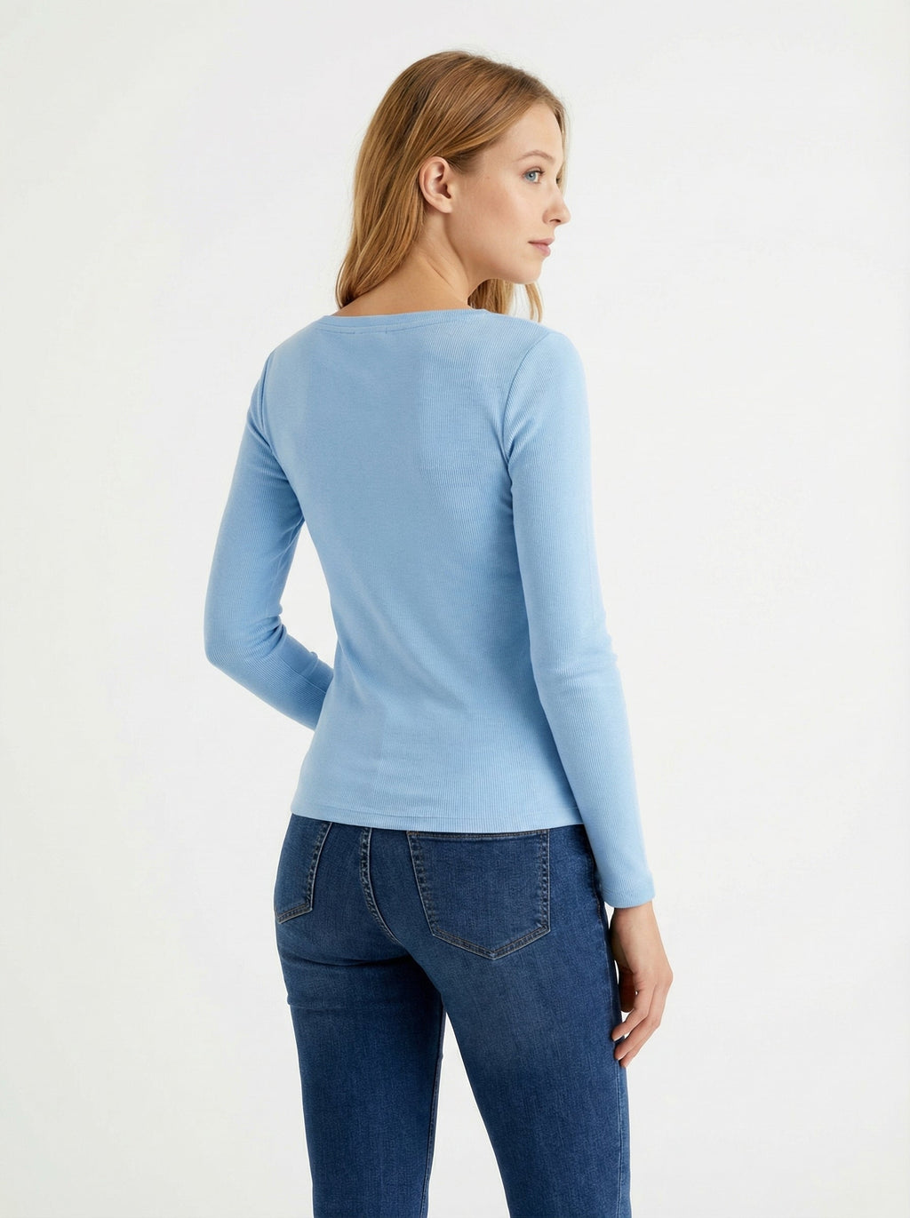 Maglia Slim Fit a Costine Azzurro Cielo, Maniche Lunghe e Scollo a Barca