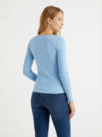 Maglia Slim Fit a Costine Azzurro Cielo, Maniche Lunghe e Scollo a Barca