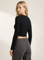 Maglia Crop Top Nera a Costine Maniche Lunghe Girocollo Cotone Elasticizzato