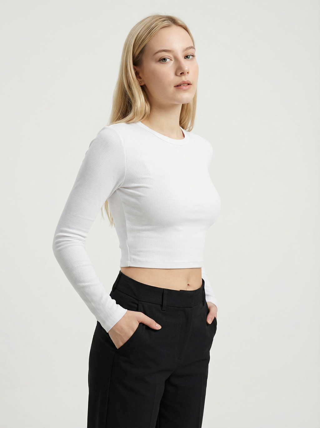 Maglia Crop Donna a Costine Manica Lunga Bianca