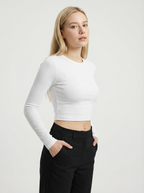 Maglia Crop Donna a Costine Manica Lunga Bianca
