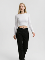 Maglia Crop Donna a Costine Manica Lunga Bianca